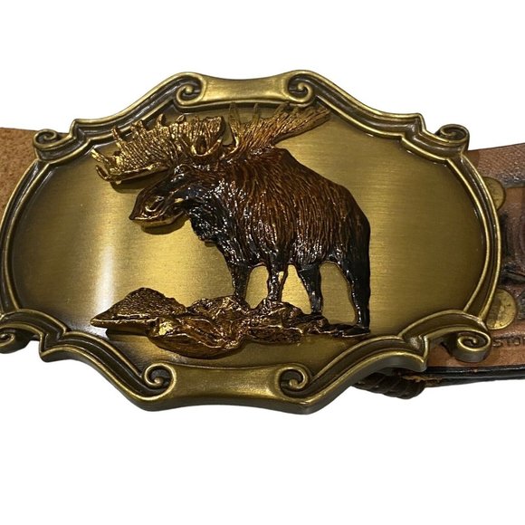 Rain Tree 1978 Gold Buckle Moose LATITAN Leather Artisan Hand Stained Belt 36 - Picture 2 of 10